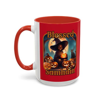 Blessed Samhain Cute Witch Orange font Red Accent Mug by CreepyCrafts.boo