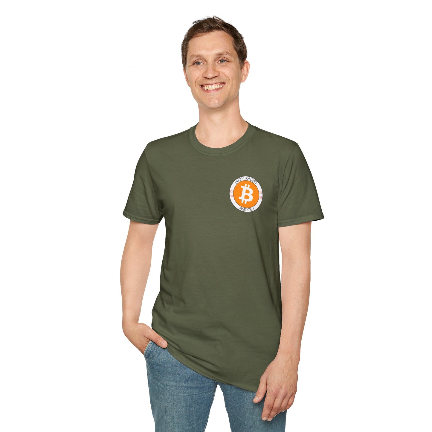 2-sided Bitcoin (BTC) Decentralized Freedom DKcolors Unisex T-Shirt by cypherpunkgear