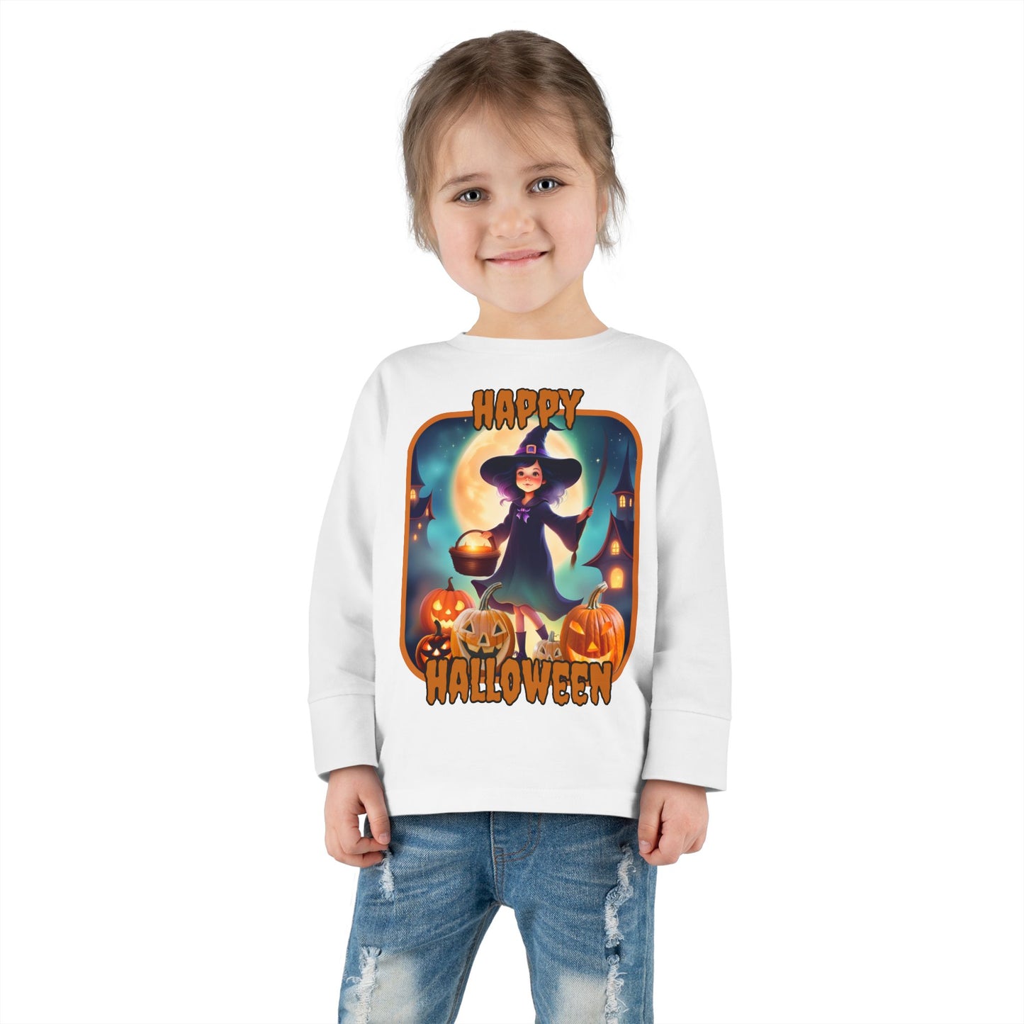 Happy Halloween Little Witch Orange font Toddler Long Sleeve Tee by CreepyCrafts.boo
