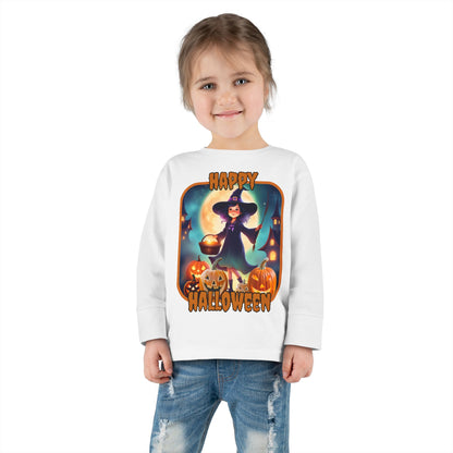 Happy Halloween Little Witch Orange font Toddler Long Sleeve Tee by CreepyCrafts.boo