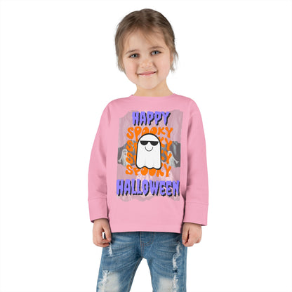 Spooky Happy Halloween Ghost Purple font Toddler Long Sleeve Tee by CreepyCrafts.boo