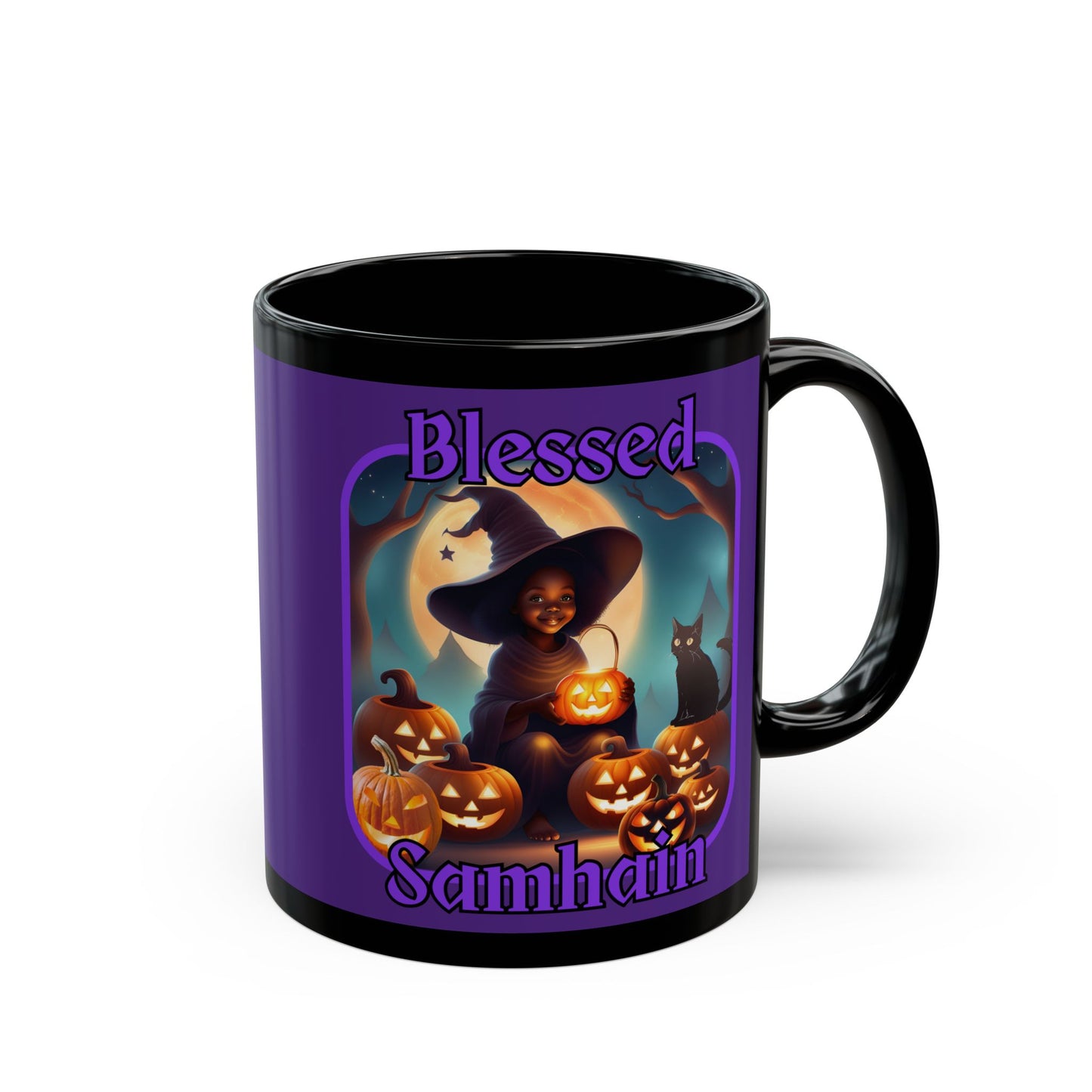 Blessed Samhain Cute Witch Purple font Purple Mug by CreepyCrafts.boo