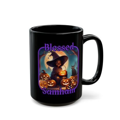 Blessed Samhain Cute Witch Purple font Black Mug by CreepyCrafts.boo