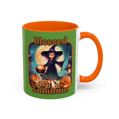 Blessed Samhain Little Witch Orange font Green Accent Mug by CreepyCrafts.boo