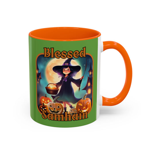 Blessed Samhain Little Witch Orange font Green Accent Mug by CreepyCrafts.boo
