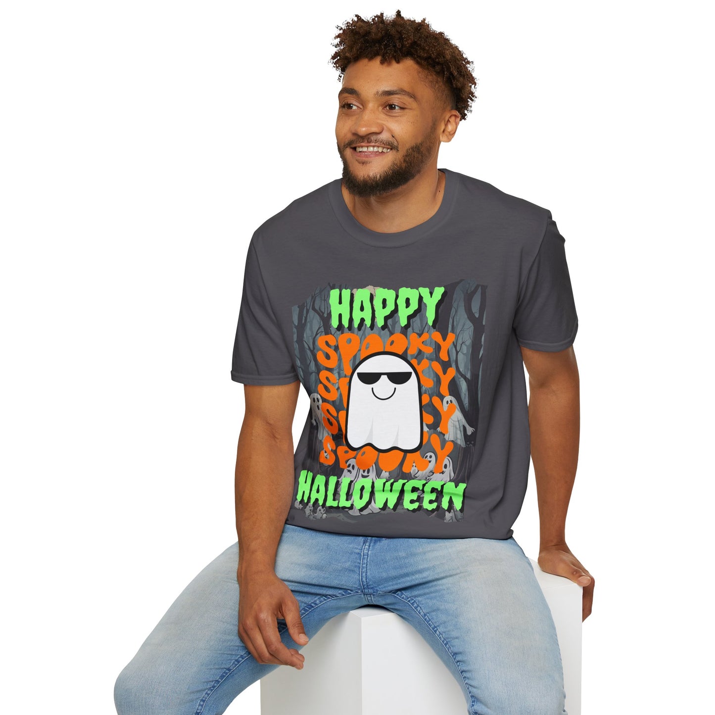 Spooky Happy Halloween Ghost Dark colors Green font Unisex T-Shirt by CreepyCrafts.boo