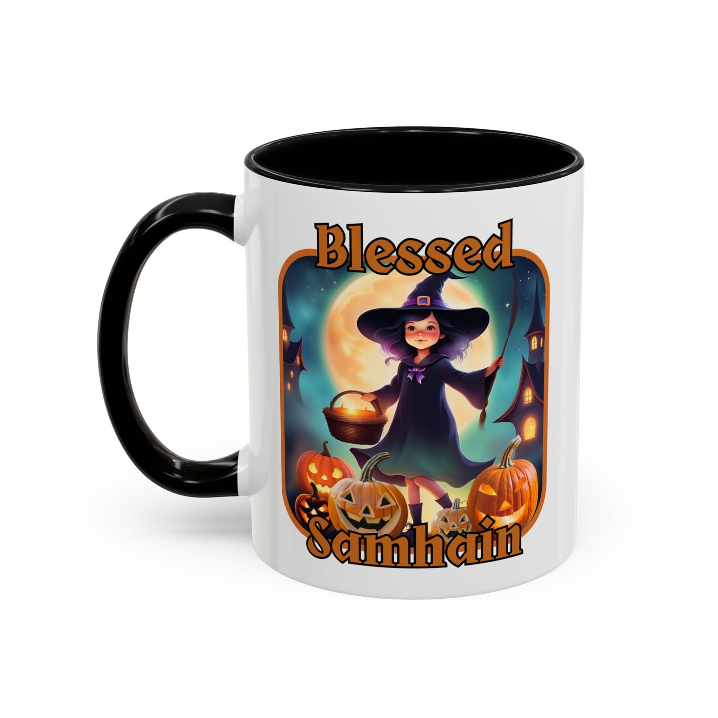 Blessed Samhain Little Witch Orange font White Accent Mug by CreepyCrafts.boo