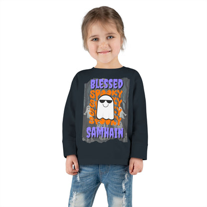 Spooky Blessed Samhain Ghost Purple font Toddler Long Sleeve Tee by CreepyCrafts.boo
