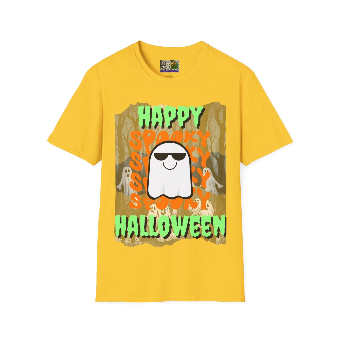 Spooky Happy Halloween Ghost Light colors Green font Unisex T-Shirt by CreepyCrafts.boo