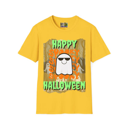 Spooky Happy Halloween Ghost Light colors Green font Unisex T-Shirt by CreepyCrafts.boo