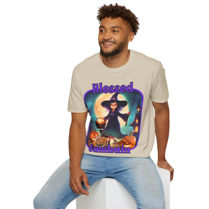 Blessed Samhain Little Witch Purple font Light colors Unisex T-Shirt by CreepyCrafts.boo