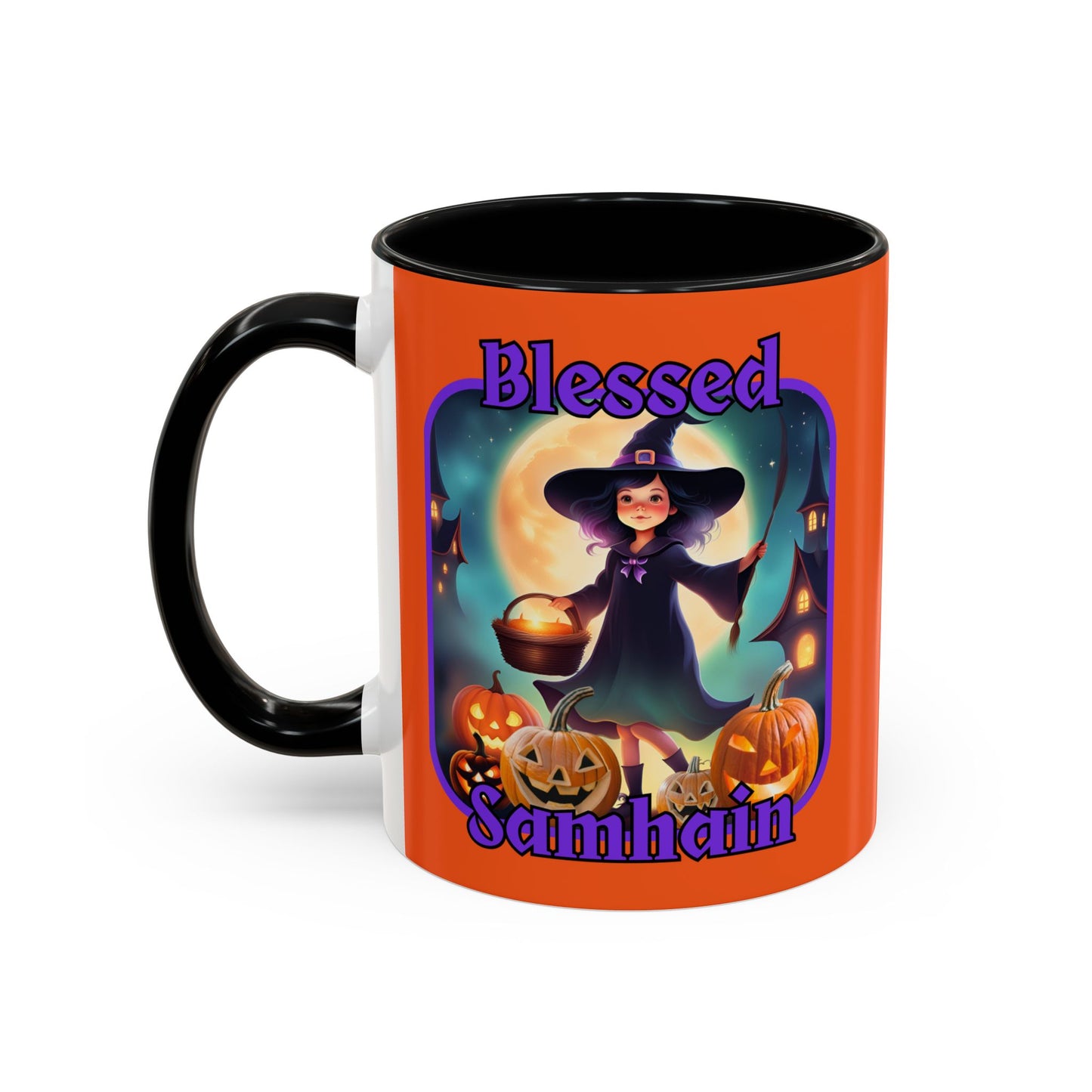 Blessed Samhain Little Witch Purple font Orange Accent Mug by CreepyCrafts.boo