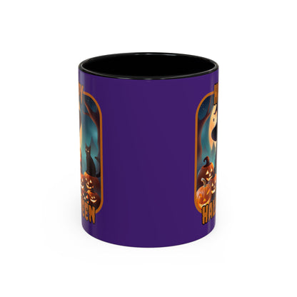 Happy Halloween Cute Witch Orange font Purple Accent Mug by CreepyCrafts.boo