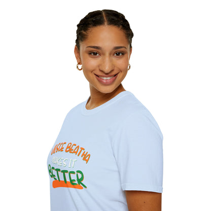 Uisce Beatha makes it better Orange, White, and Green font Light colors Unisex T-Shirt by cypherpunkgear.com