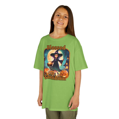 Blessed Samhain Little Witch Orange font Kids Heavy Cotton™ Tee by CreepyCrafts.boo