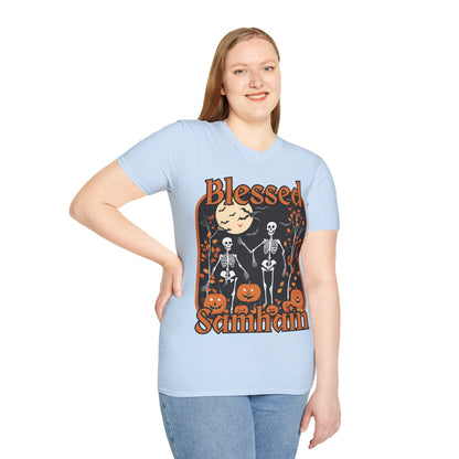 Spooktacular Skeletons of Samhain Light colors Unisex T-Shirt by CreepyCrafts.boo