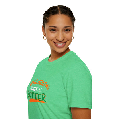 Uisce Beatha makes it better Orange, White, and Green font Dark colors Unisex T-Shirt by cypherpunkgear.com