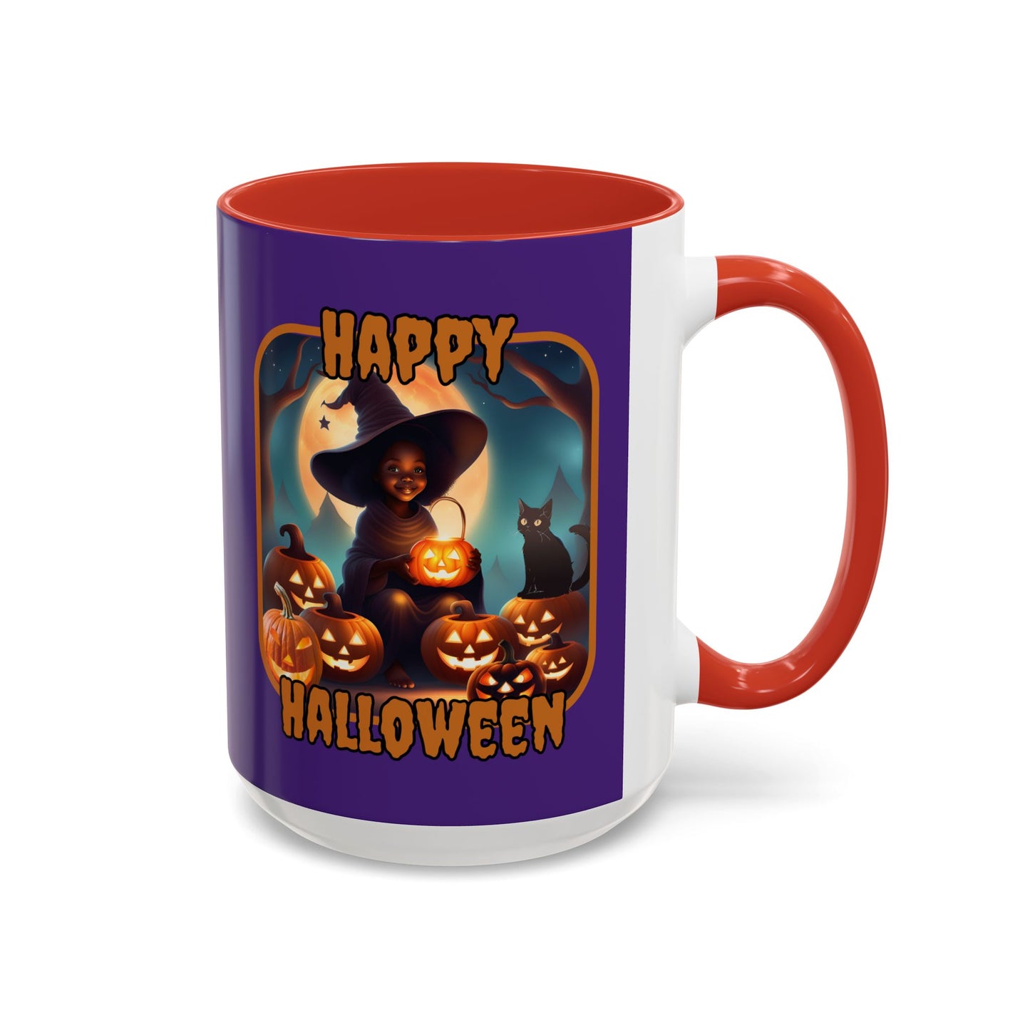 Happy Halloween Cute Witch Orange font Purple Accent Mug by CreepyCrafts.boo