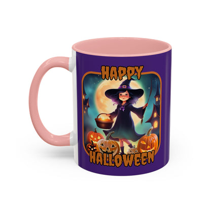 Happy Halloween Little Witch Orange font Purple Accent Mug by CreepyCrafts.boo