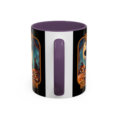 Happy Halloween Cute Witch Orange font Black Accent Mug by CreepyCrafts.boo