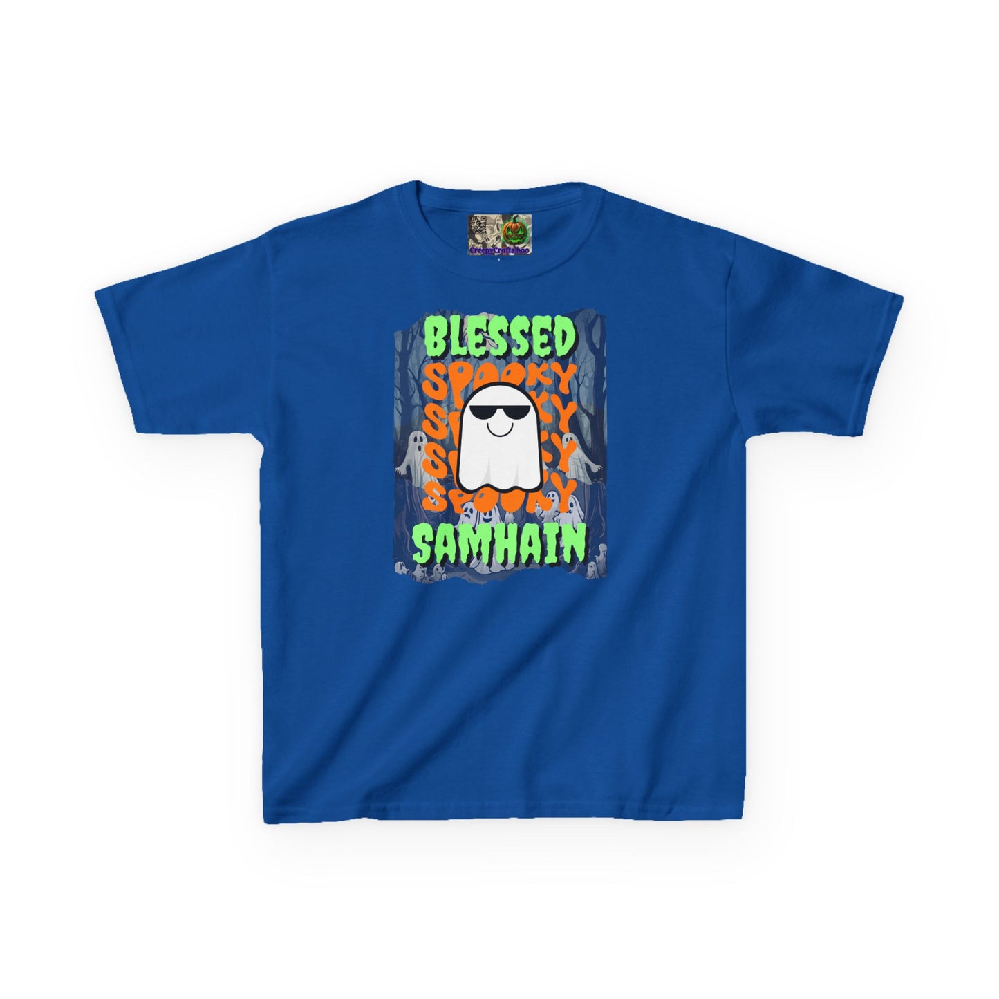 Spooky Blessed Samhain Ghost Green font Kids Heavy Cotton™ Tee by CreepyCrafts.boo