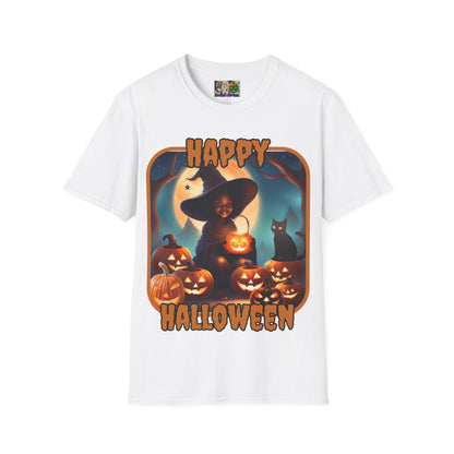 Happy Halloween Cute Witch Orange font, Light colors, Unisex T-Shirt by CreepyCrafts.boo