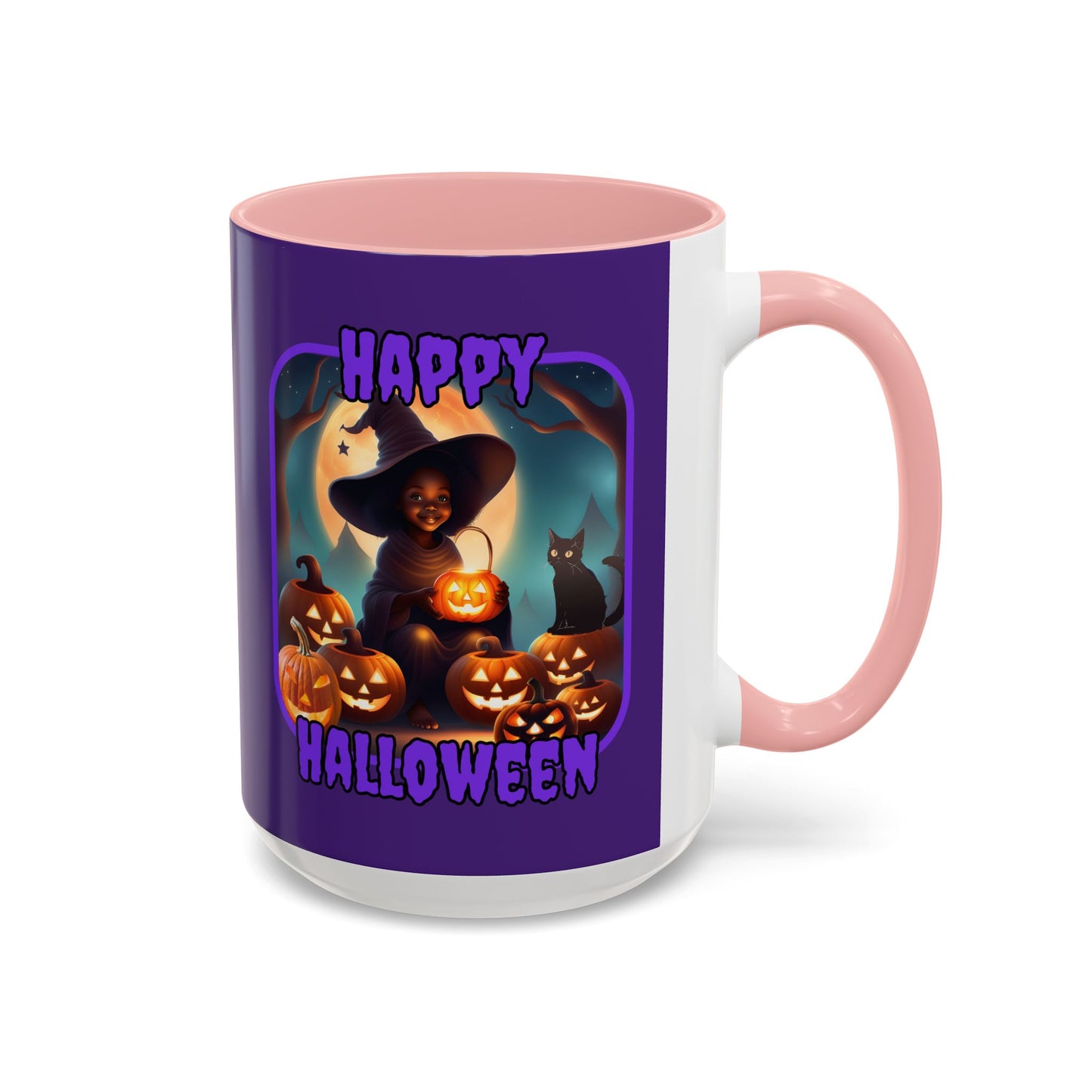 Happy Halloween Cute Witch Purple font Purple Accent Mug by CreepyCrafts.boo