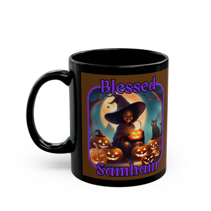 Blessed Samhain Cute Witch Purple font Brown Mug by CreepyCrafts.boo