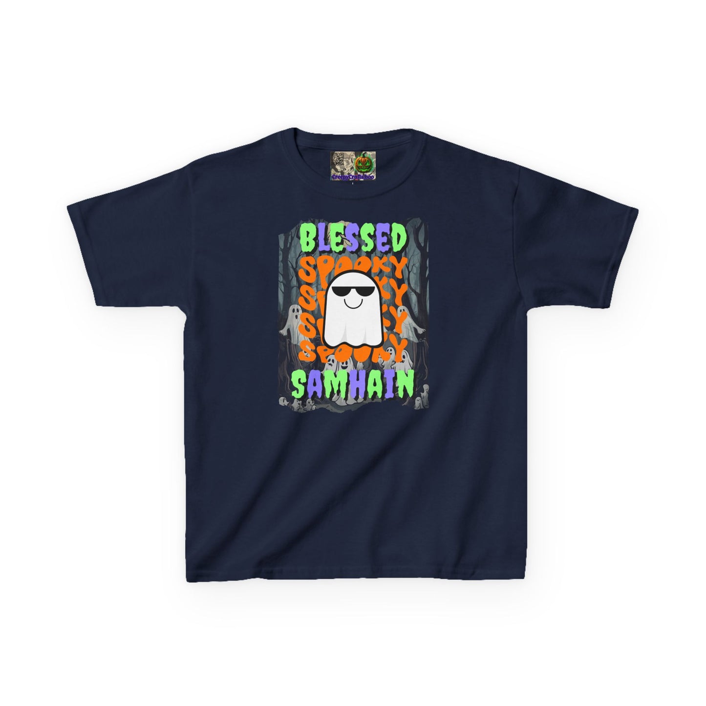 Spooky Blessed Samhain Ghost Mixed font Kids Heavy Cotton™ Tee by CreepyCrafts.boo
