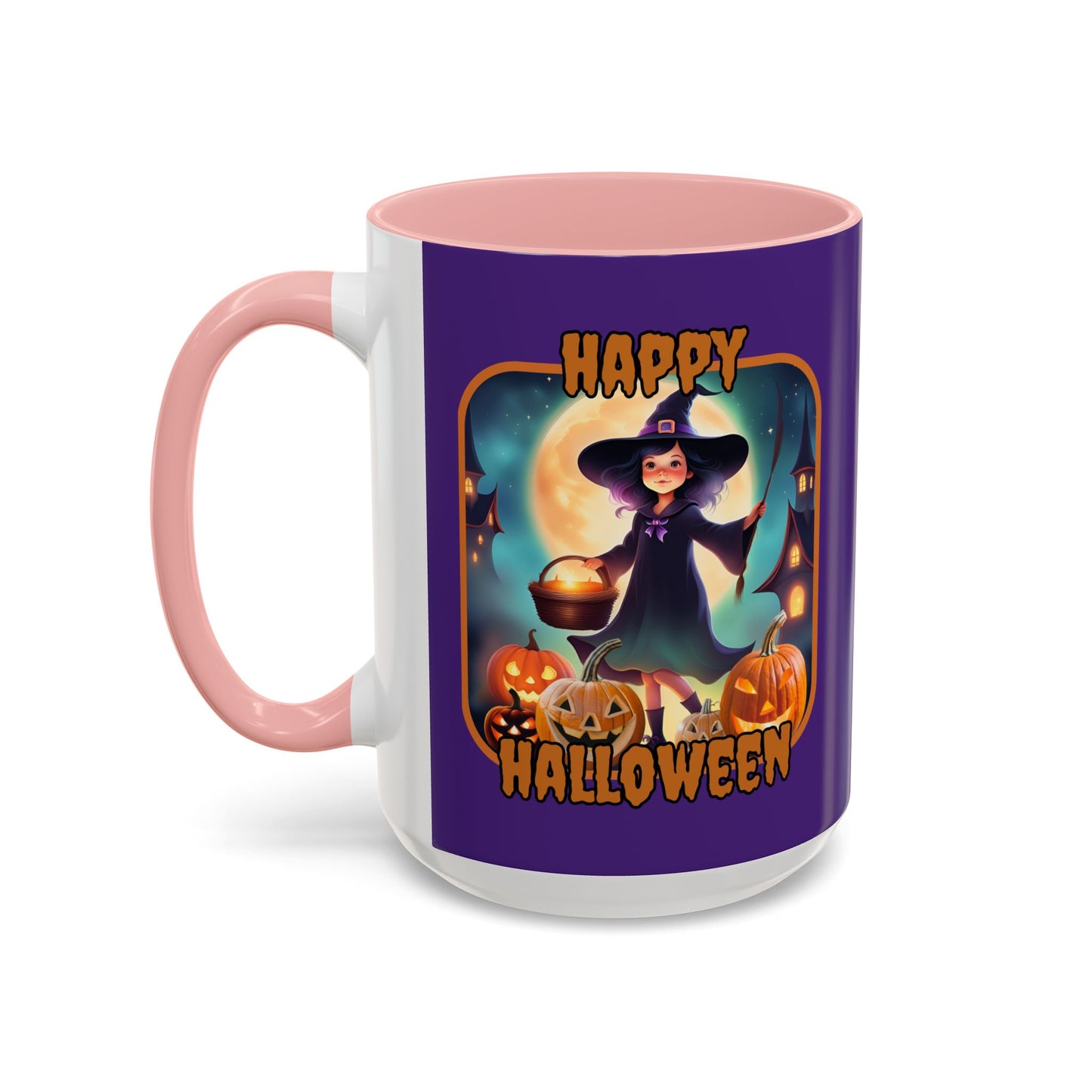 Happy Halloween Little Witch Orange font Purple Accent Mug by CreepyCrafts.boo