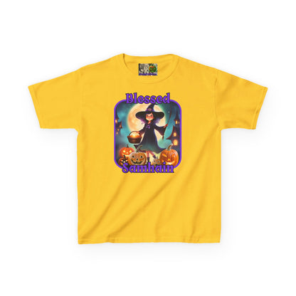 Blessed Samhain Little Witch Purple font Kids Heavy Cotton™ Tee by CreepyCrafts.boo