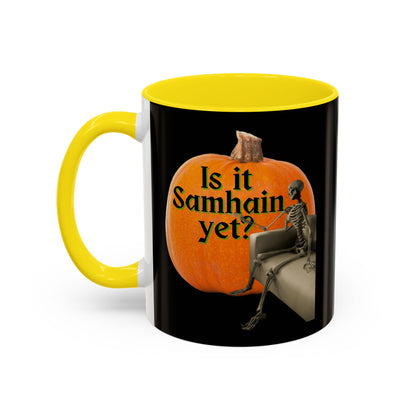 Is It Samhain Yet? Skeleton's Giant Pumpkin Black Accent Mug by CreepyCrafts.boo