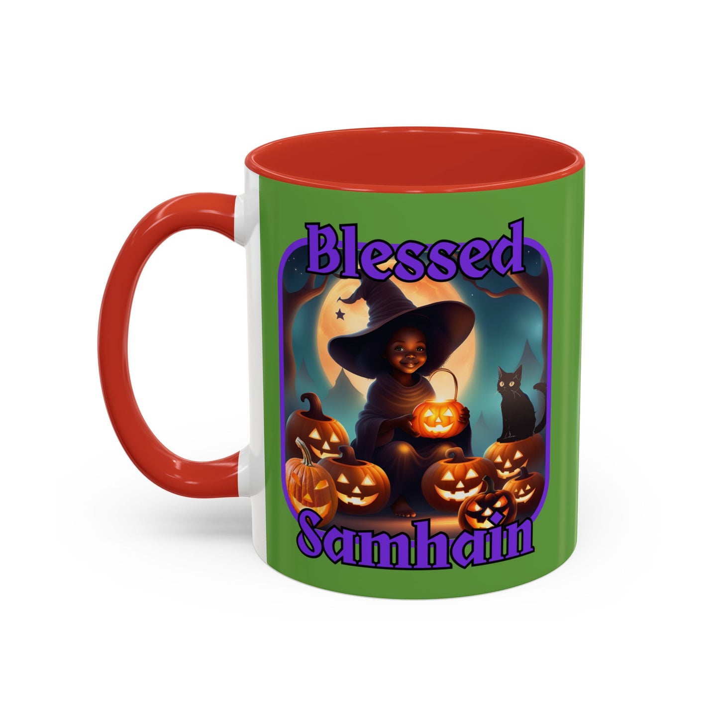 Blessed Samhain Cute Witch Purple font Green Accent Mug by CreepyCrafts.boo