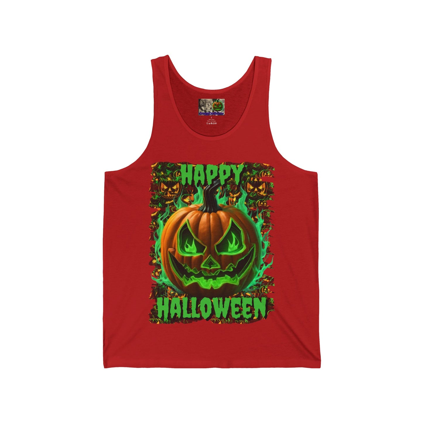 Happy Halloween Green Jack Unisex Jersey Tank Top by CreepyCrafts.boo