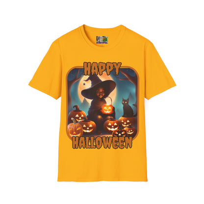 Happy Halloween Cute Witch Orange font, Light colors, Unisex T-Shirt by CreepyCrafts.boo