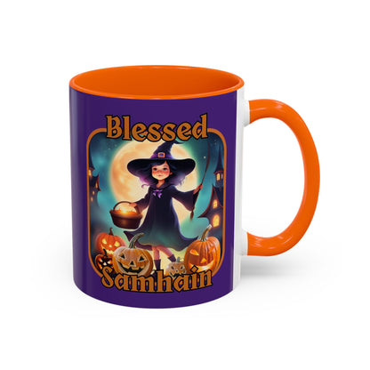 Blessed Samhain Little Witch Orange font Purple Accent Mug by CreepyCrafts.boo