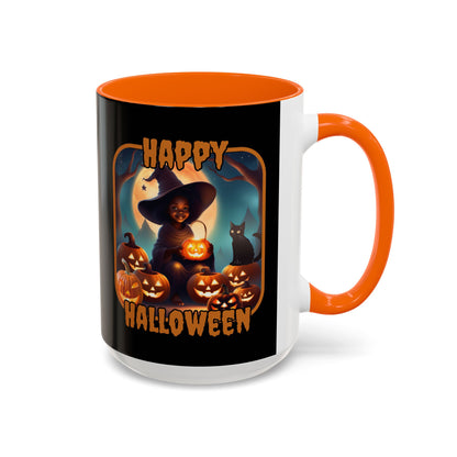 Happy Halloween Cute Witch Orange font Black Accent Mug by CreepyCrafts.boo