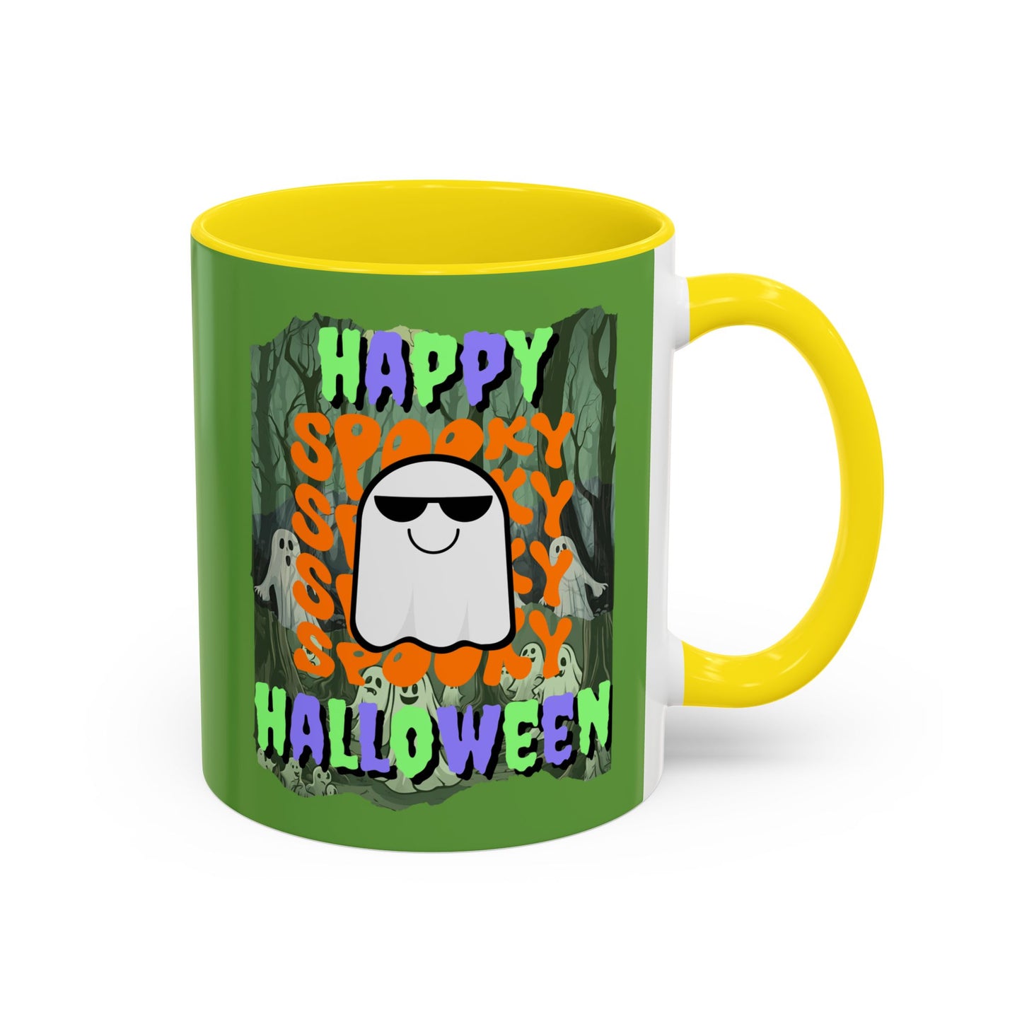 Spooky Happy Halloween Ghost Mixed font Green Accent Mug by CreepyCrafts.boo