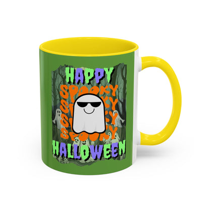 Spooky Happy Halloween Ghost Mixed font Green Accent Mug by CreepyCrafts.boo