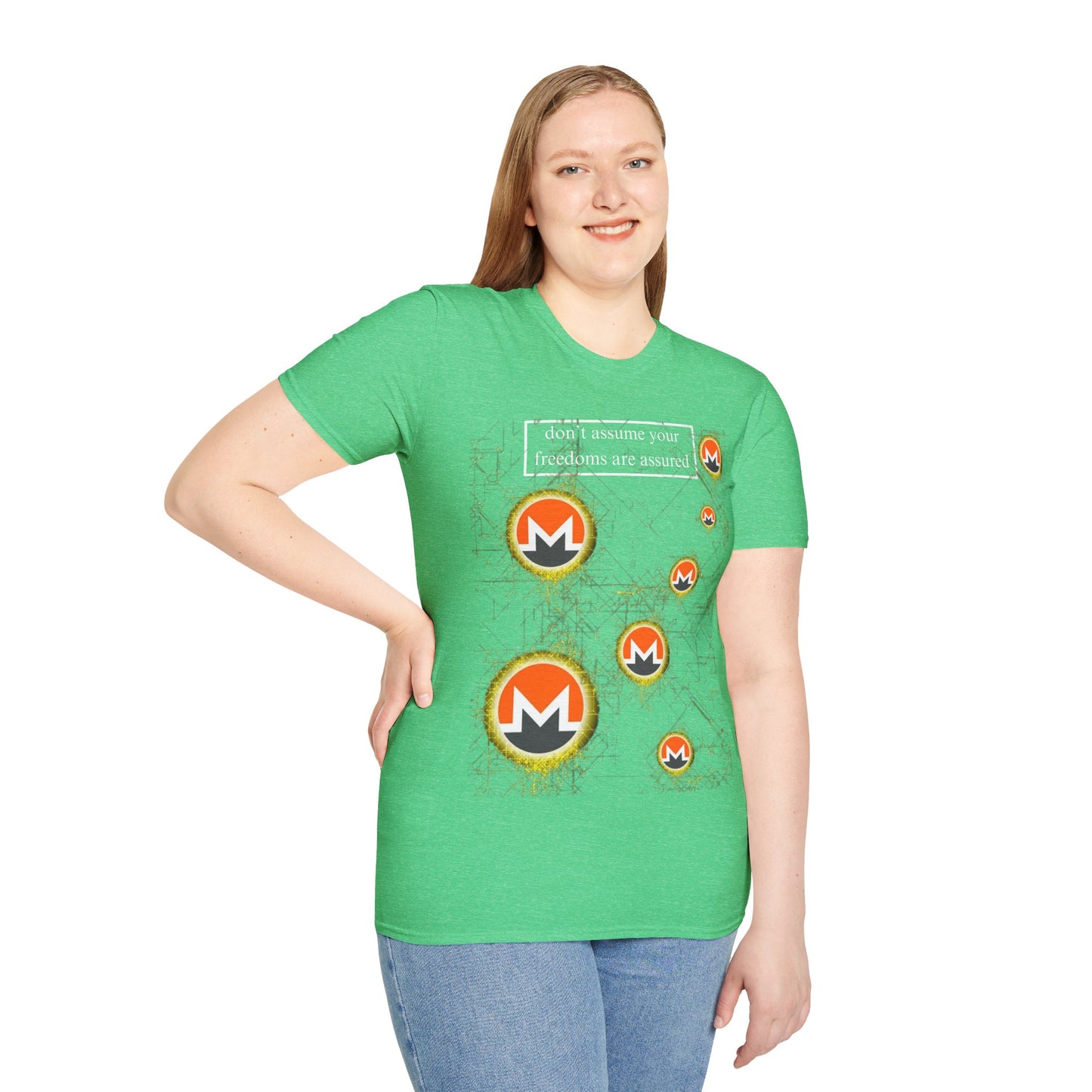 Monero (XMR) don't assume your freedoms are assured Dark colors Unisex T-Shirt by cypherpunkgear.com