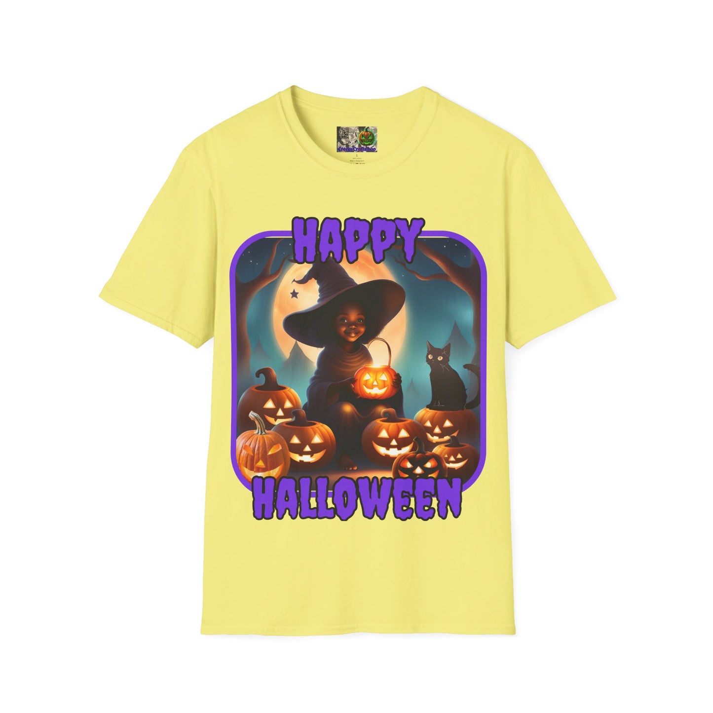 Happy Halloween Cute Witch Purple font Light colors Unisex T-Shirt by CreepyCrafts.boo