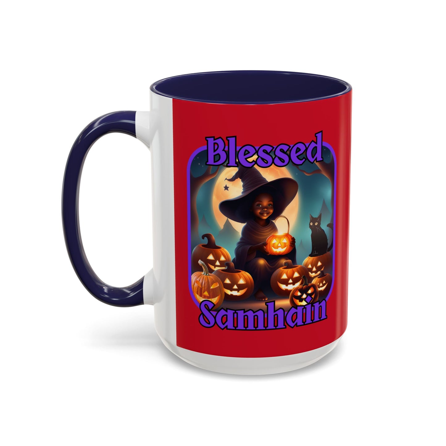 Blessed Samhain Cute Witch Purple font Red Accent Mug by CreepyCrafts.boo