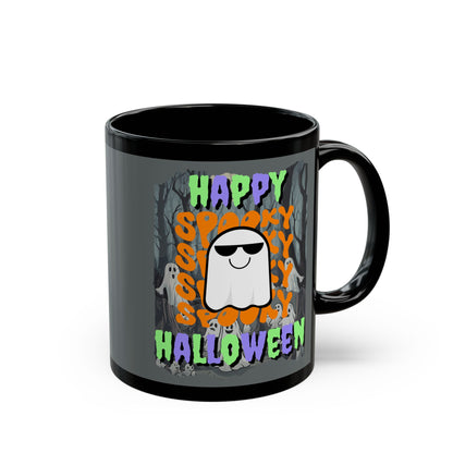 Spooky Happy Halloween Ghost Mixed font Grey Mug by CreepyCrafts.boo