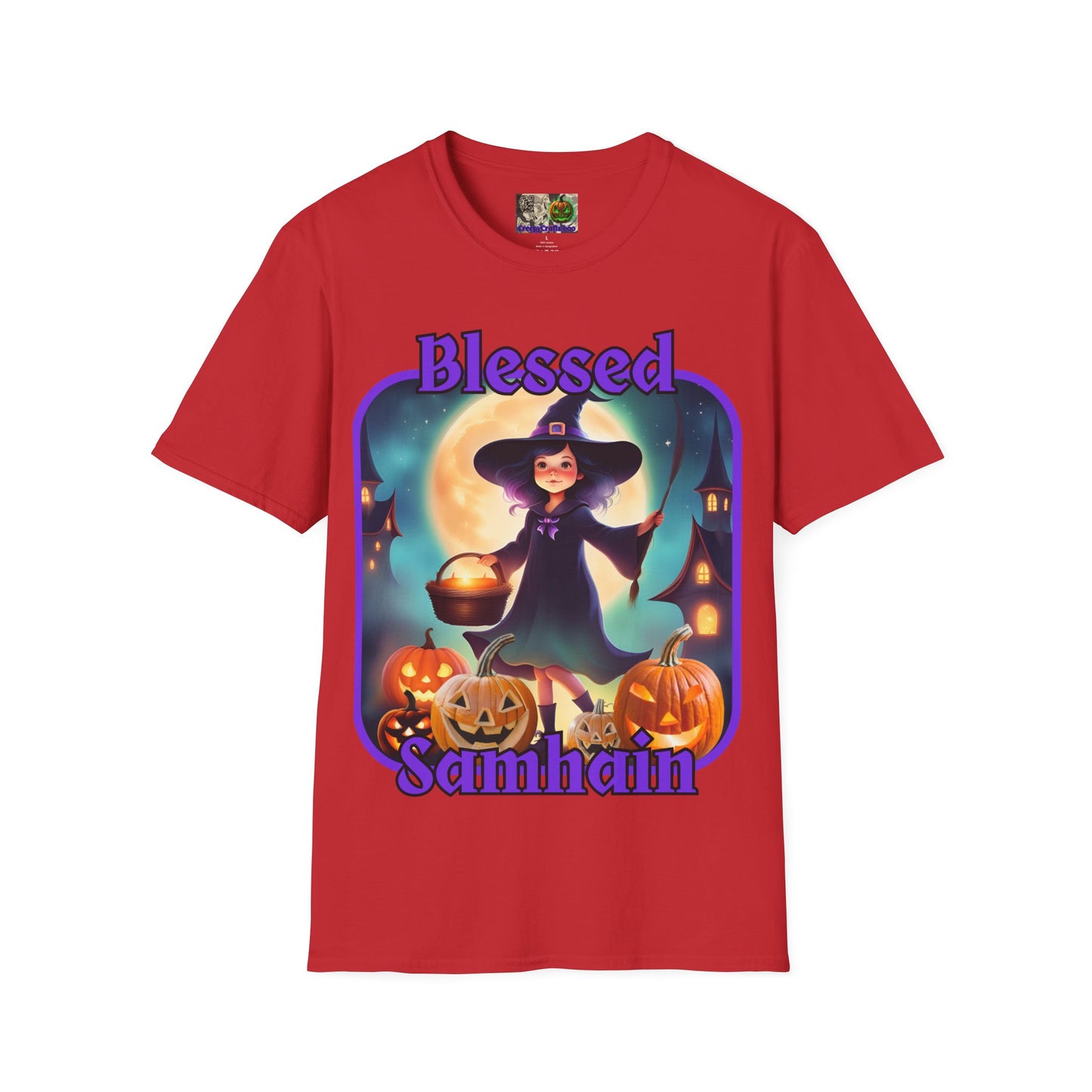 Blessed Samhain Little Witch Purple font Light colors Unisex T-Shirt by CreepyCrafts.boo