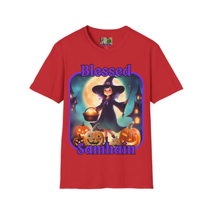 Blessed Samhain Little Witch Purple font Light colors Unisex T-Shirt by CreepyCrafts.boo