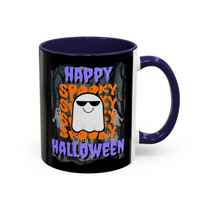 Spooky Happy Halloween Ghost Purple font Black Accent Mug by CreepyCrafts.boo