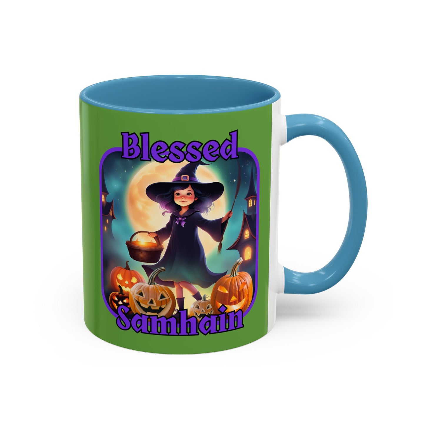 Blessed Samhain Little Witch Purple font Green Accent Mug by CreepyCrafts.boo