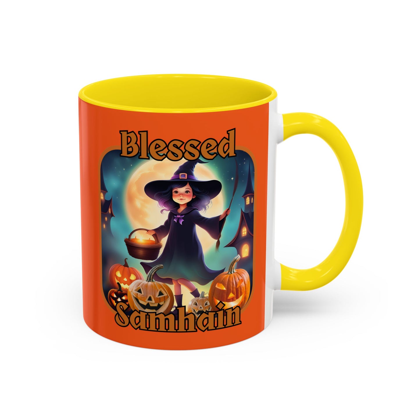 Blessed Samhain Little Witch Orange font Orange Accent Mug by CreepyCrafts.boo