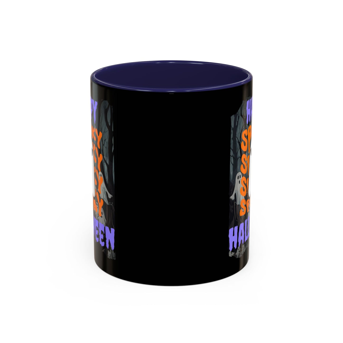 Spooky Happy Halloween Ghost Purple font Black Accent Mug by CreepyCrafts.boo