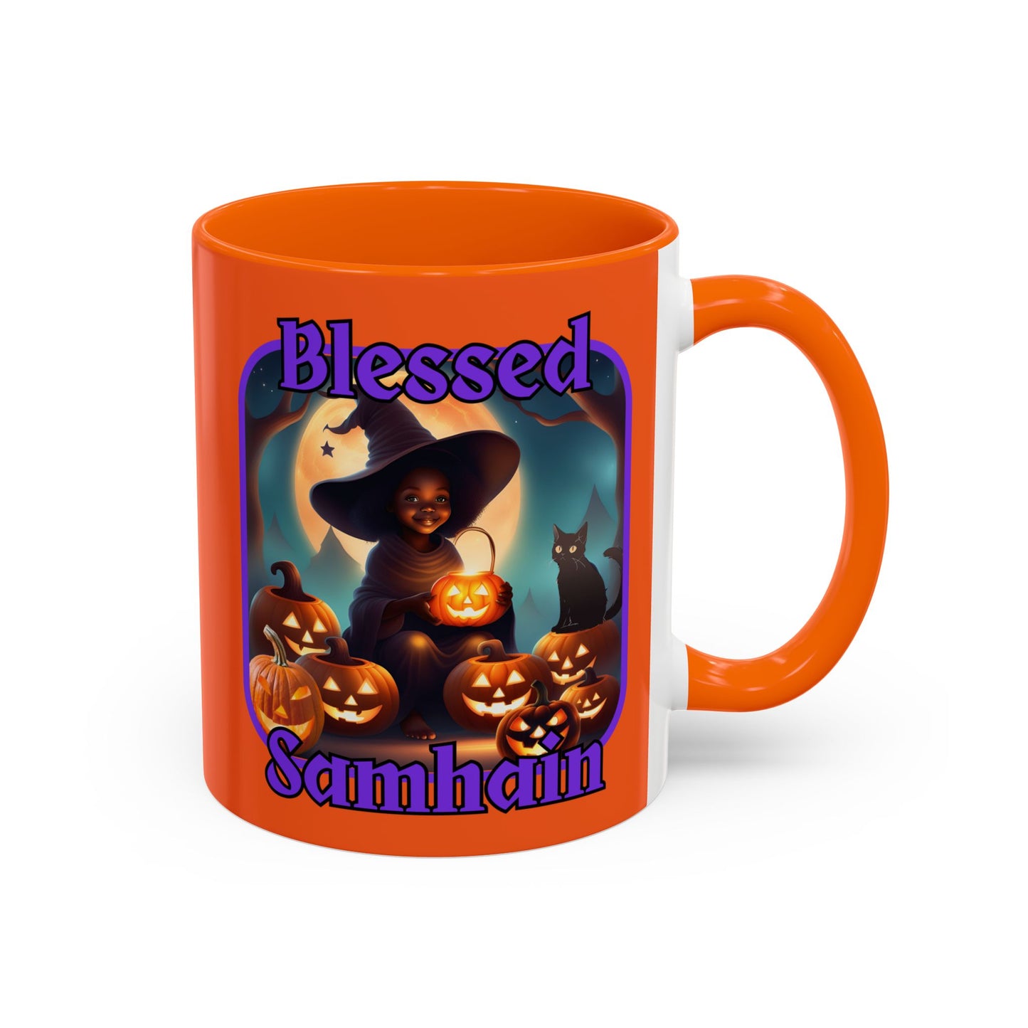 Blessed Samhain Cute Witch Purple font Orange Accent Mug by CreepyCrafts.boo